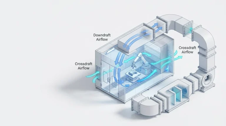 3D isometric engineering diagram of a versatile spray booth production line, visualizing airflow dynamics, filtration systems, and modular industrial design by Yingma Machinery