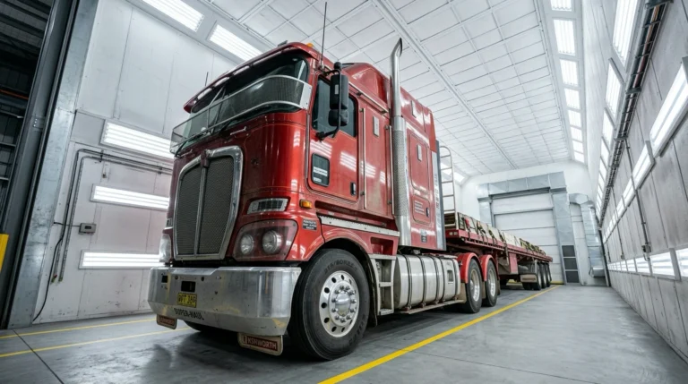 Heavy-duty truck paint booth with realistic tight-clearance proportions, reinforced concrete floor, and high-intensity LED lighting for commercial fleet painting