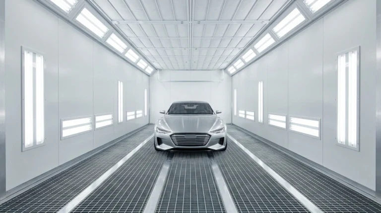 Professional full down-draft automotive spray booth by Shandong Yingma, featuring high-efficiency ceiling filtration, LED lighting systems, and clean industrial design for OEM-quality refinishing